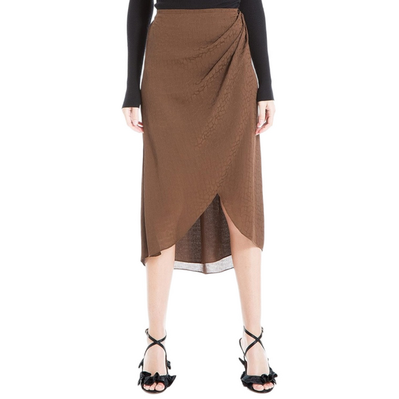 Max Studio Cocoa Brown Satin Jacquard Faux Wrap Midi Skirt Size Medium NWT - Picture 1 of 6